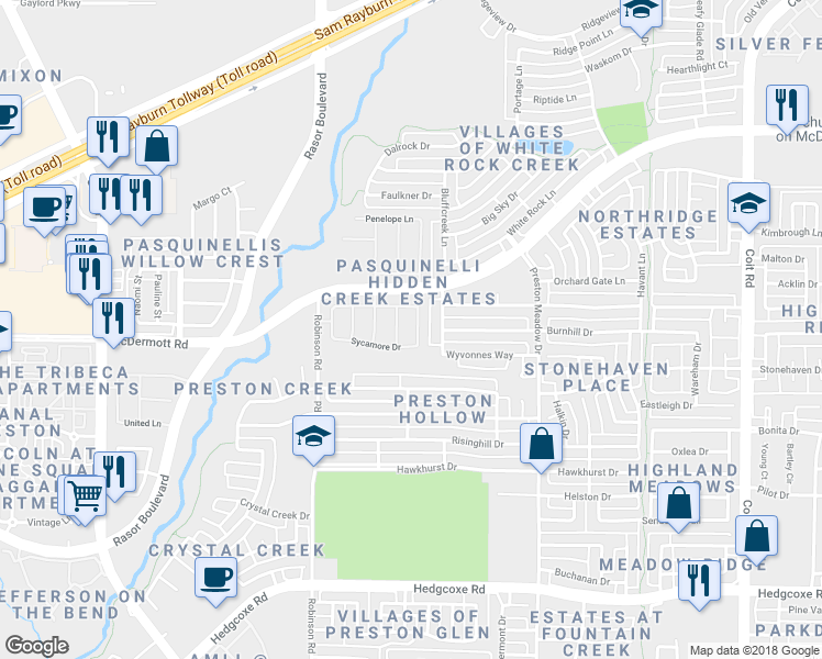 map of restaurants, bars, coffee shops, grocery stores, and more near 8517 Forest Highlands Drive in Plano