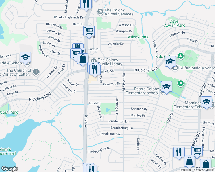 map of restaurants, bars, coffee shops, grocery stores, and more near 4816 Crawford Drive in The Colony