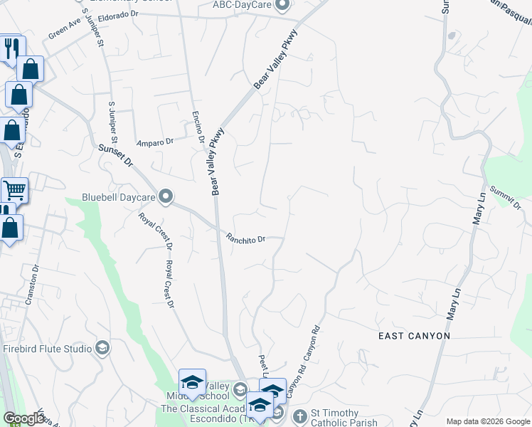 map of restaurants, bars, coffee shops, grocery stores, and more near 627 Valley Grove Lane in Escondido