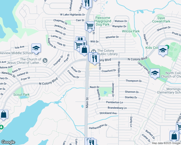 map of restaurants, bars, coffee shops, grocery stores, and more near 4704 Crawford Drive in The Colony