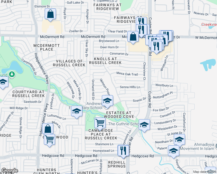 map of restaurants, bars, coffee shops, grocery stores, and more near 8504 Quinton Point Dr in Plano