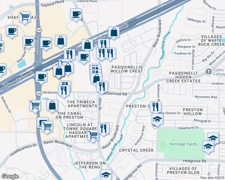 map of restaurants, bars, coffee shops, grocery stores, and more near 4688 Cecile Road in Plano