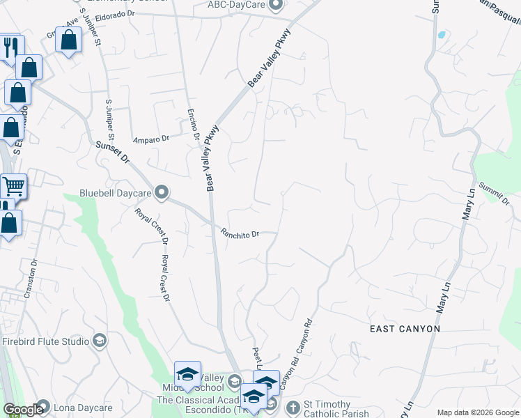 map of restaurants, bars, coffee shops, grocery stores, and more near 627 Valley Grove Lane in Escondido