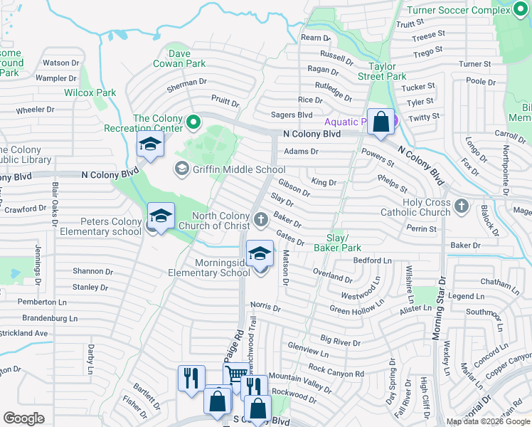 map of restaurants, bars, coffee shops, grocery stores, and more near 5408 Baker Drive in The Colony