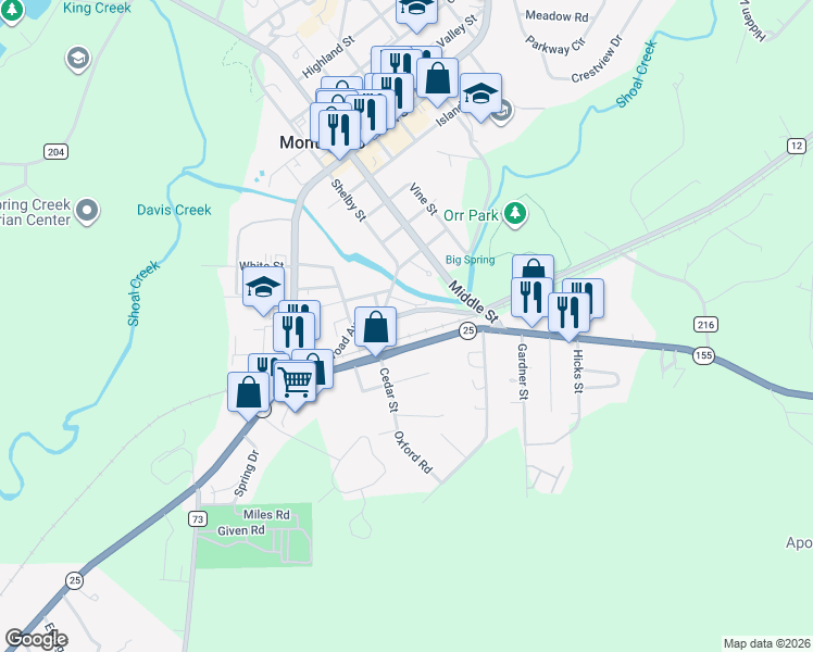 map of restaurants, bars, coffee shops, grocery stores, and more near 140 Shelby Street in Montevallo