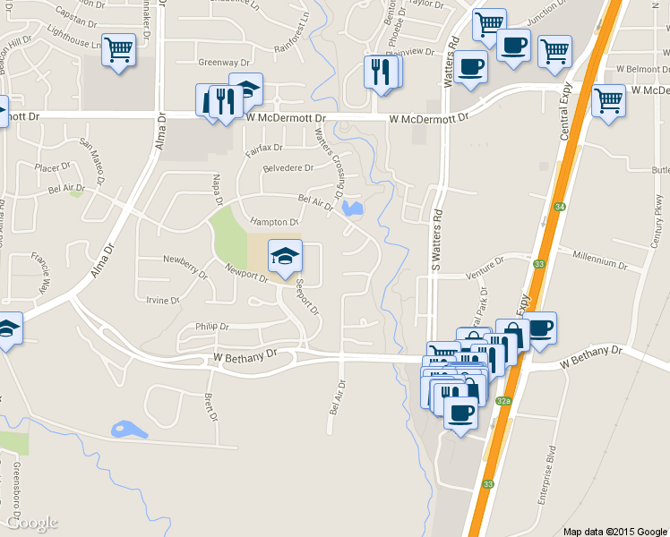 map of restaurants, bars, coffee shops, grocery stores, and more near 1012 Madera Court in Allen