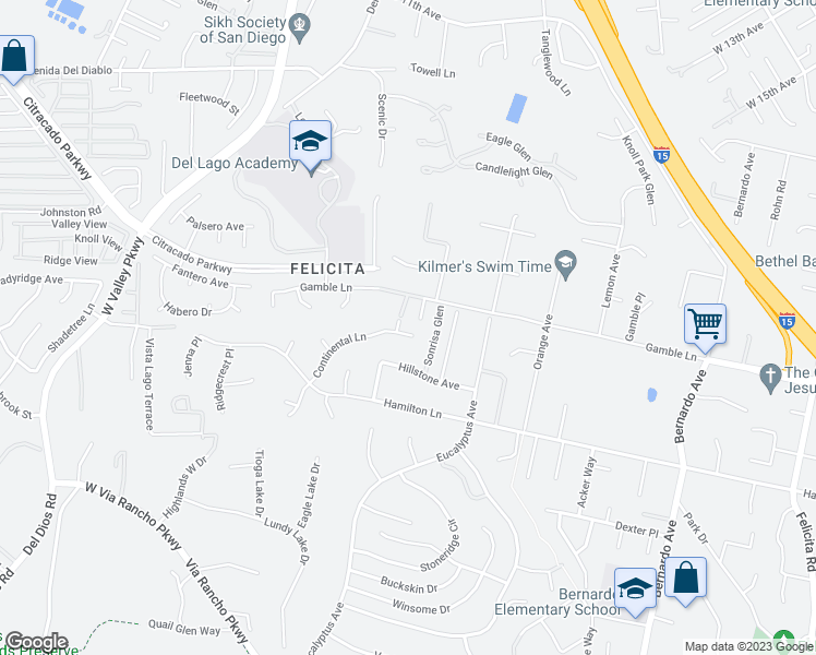 map of restaurants, bars, coffee shops, grocery stores, and more near 1743 Continental Lane in Escondido