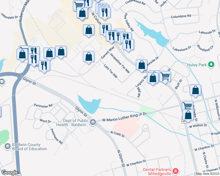 map of restaurants, bars, coffee shops, grocery stores, and more near 140 Whistle Way in Milledgeville