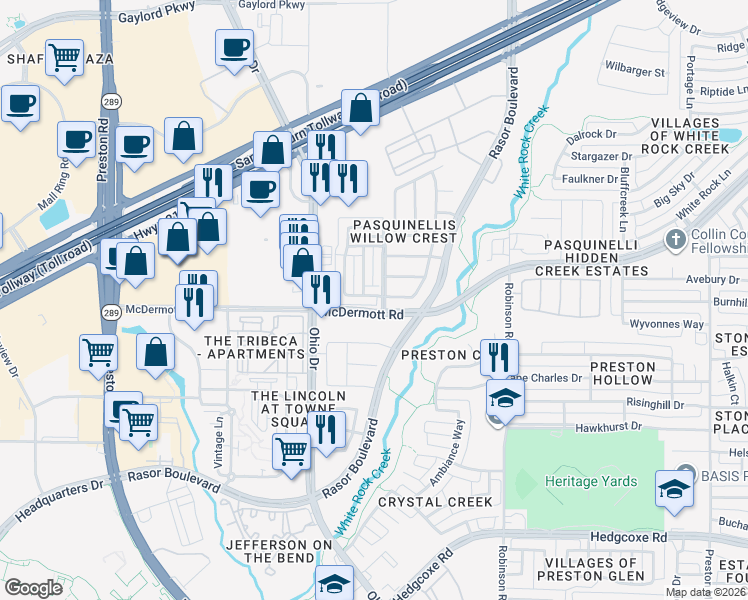 map of restaurants, bars, coffee shops, grocery stores, and more near 8606 Empire Boulevard in Plano