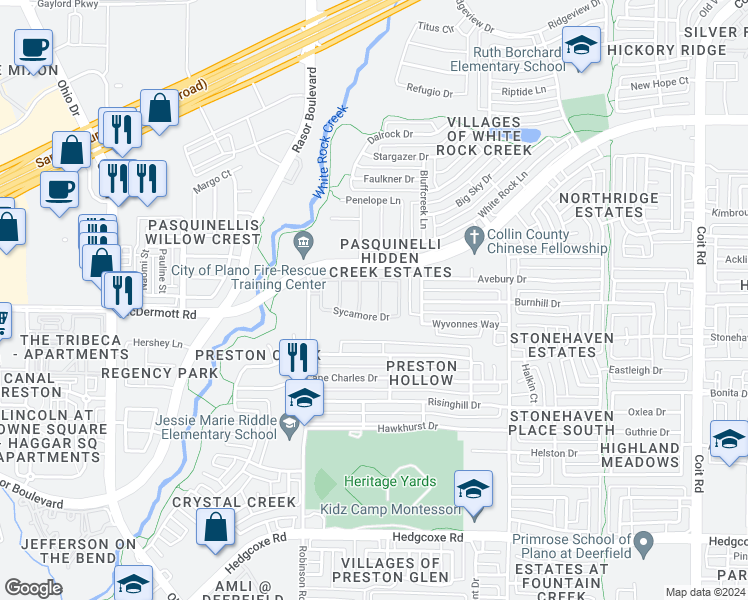 map of restaurants, bars, coffee shops, grocery stores, and more near 8516 Heather Ridge Drive in Plano