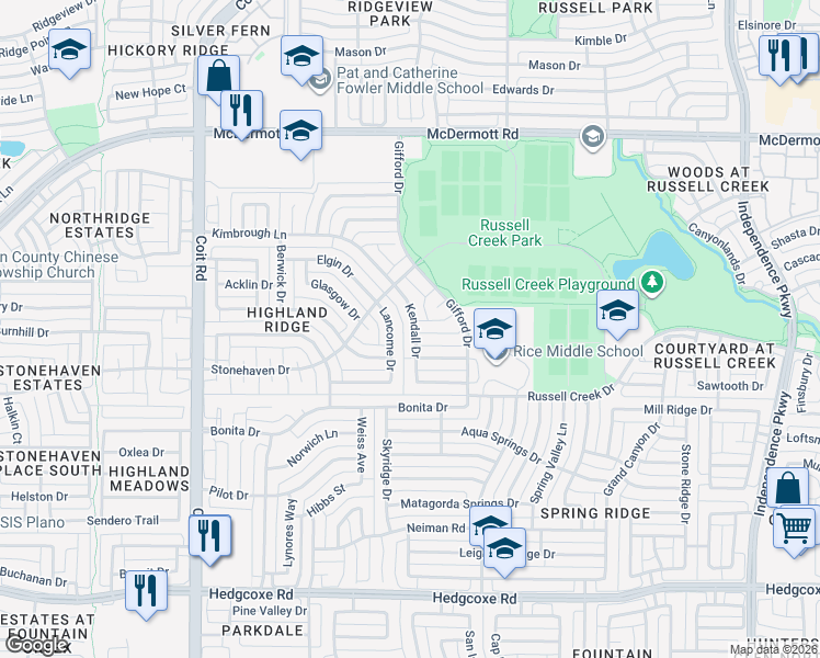 map of restaurants, bars, coffee shops, grocery stores, and more near 8601 Kendall Drive in Plano