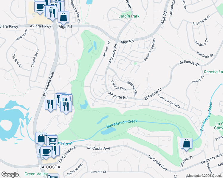 map of restaurants, bars, coffee shops, grocery stores, and more near 2347 Caringa Way in Carlsbad
