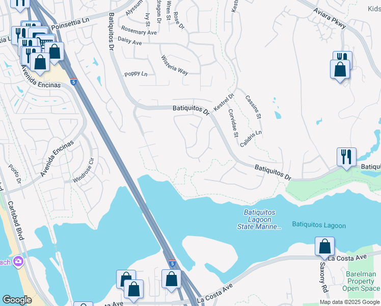 map of restaurants, bars, coffee shops, grocery stores, and more near 7356 Melodia Terrace in Carlsbad