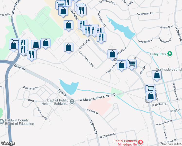 map of restaurants, bars, coffee shops, grocery stores, and more near 140 Whistle Way in Milledgeville