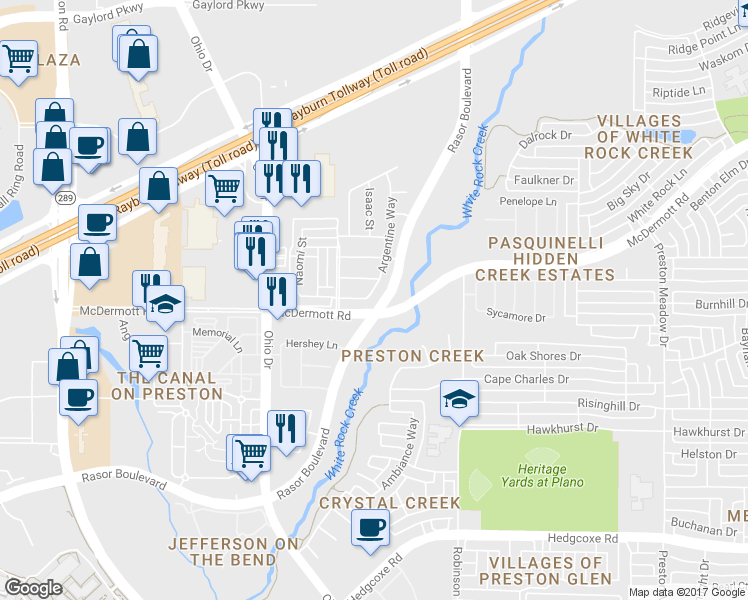 map of restaurants, bars, coffee shops, grocery stores, and more near 8602 Argentine Way in Plano