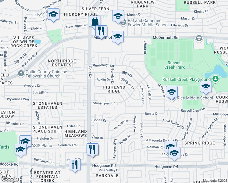 map of restaurants, bars, coffee shops, grocery stores, and more near 3837 Evesham Drive in Plano