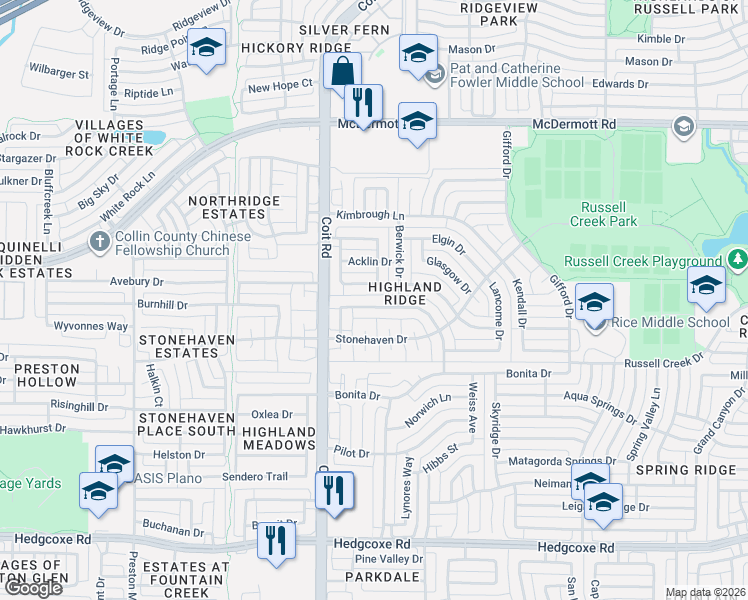 map of restaurants, bars, coffee shops, grocery stores, and more near 3917 Evesham Drive in Plano