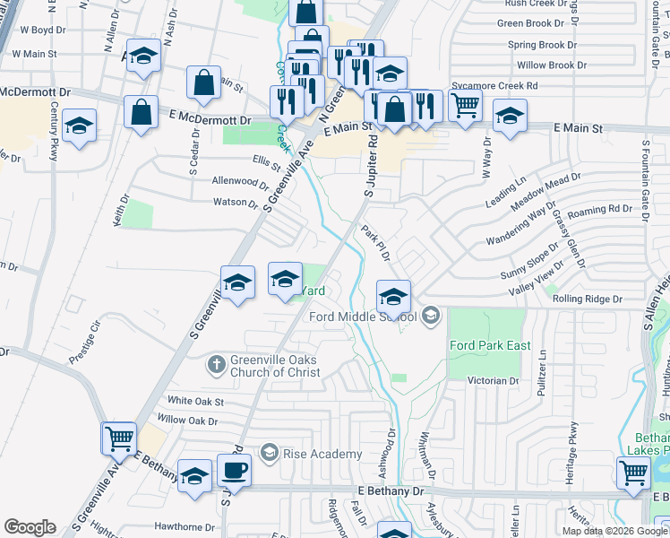 map of restaurants, bars, coffee shops, grocery stores, and more near 601 Arma Road in Allen