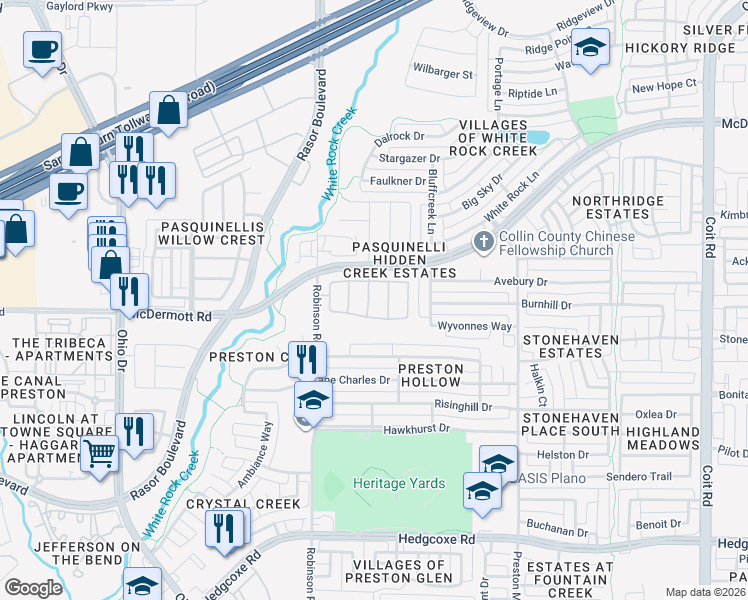 map of restaurants, bars, coffee shops, grocery stores, and more near 8516 Heather Ridge Drive in Plano