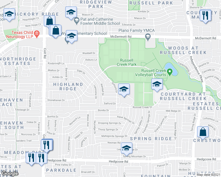 map of restaurants, bars, coffee shops, grocery stores, and more near 3609 Banks Circle in Plano