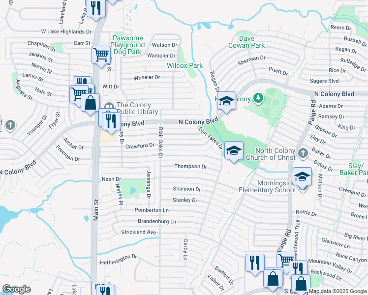 map of restaurants, bars, coffee shops, grocery stores, and more near 5036 Crawford Drive in The Colony