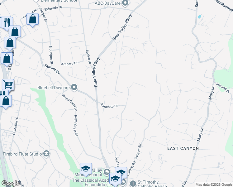 map of restaurants, bars, coffee shops, grocery stores, and more near 625 Valley Grove Lane in Escondido