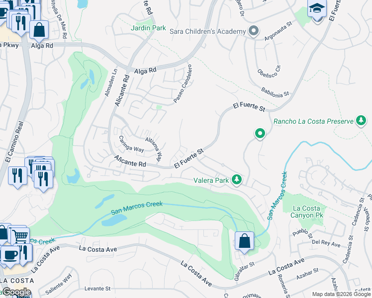 map of restaurants, bars, coffee shops, grocery stores, and more near 7480 Alicante Road in Carlsbad