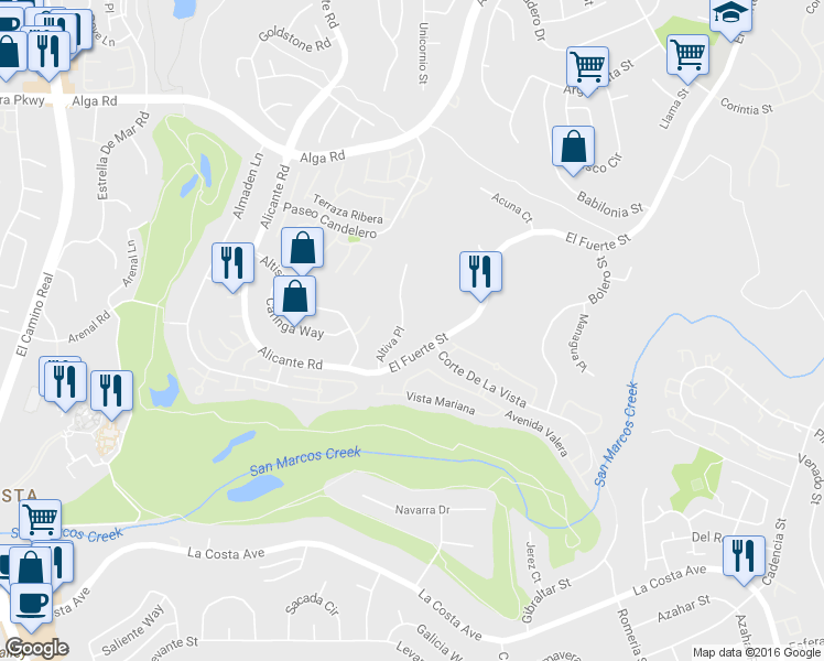 map of restaurants, bars, coffee shops, grocery stores, and more near 7480 Alicante Road in Carlsbad