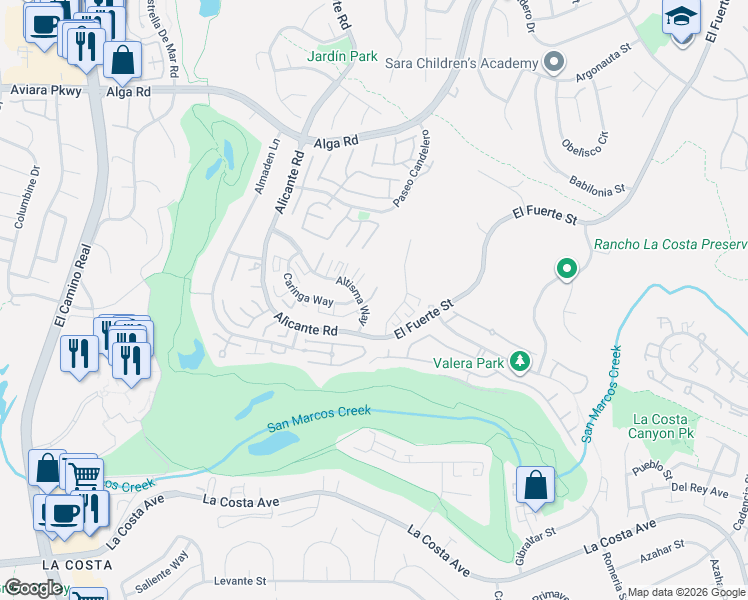 map of restaurants, bars, coffee shops, grocery stores, and more near 2399 Caringa Way in Carlsbad