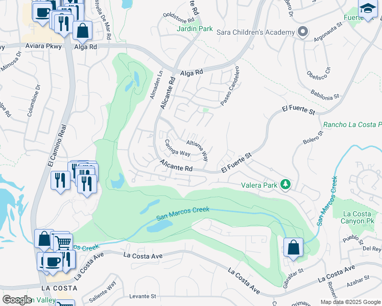 map of restaurants, bars, coffee shops, grocery stores, and more near 2379 Caringa Way in Carlsbad