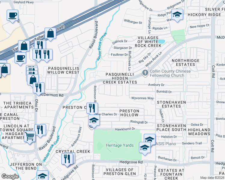 map of restaurants, bars, coffee shops, grocery stores, and more near 8516 Heather Ridge Drive in Plano