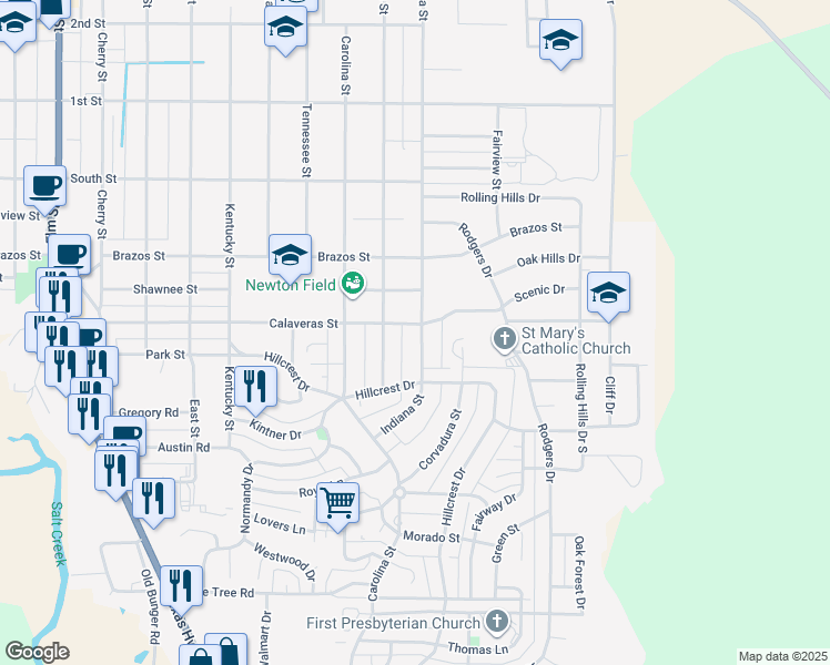 map of restaurants, bars, coffee shops, grocery stores, and more near 1205 Indiana Street in Graham