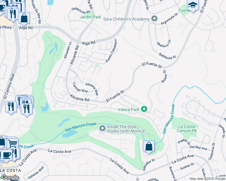map of restaurants, bars, coffee shops, grocery stores, and more near 7480 Alicante Road in Carlsbad