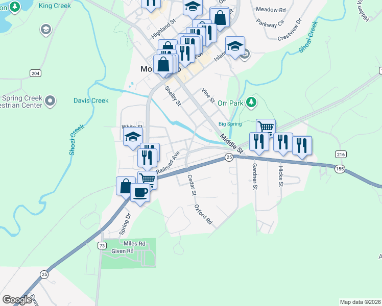map of restaurants, bars, coffee shops, grocery stores, and more near 140 Shelby Street in Montevallo