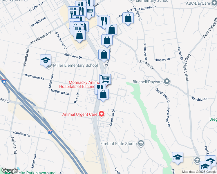 map of restaurants, bars, coffee shops, grocery stores, and more near 331 Brotherton Square in Escondido