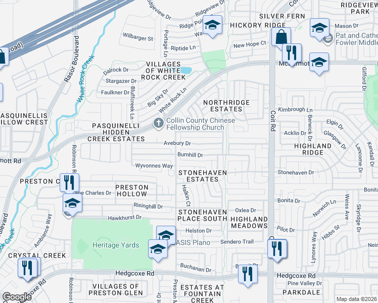 map of restaurants, bars, coffee shops, grocery stores, and more near 4428 Burnhill Drive in Plano