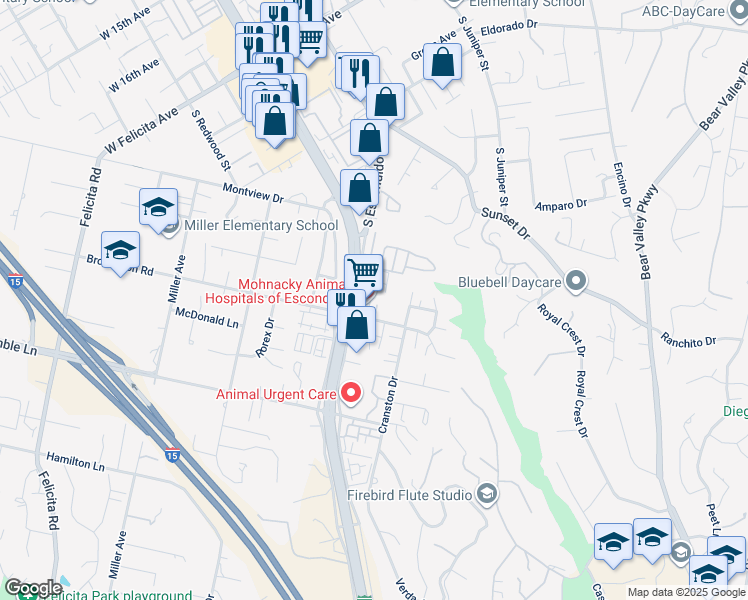 map of restaurants, bars, coffee shops, grocery stores, and more near 331 Brotherton Square in Escondido