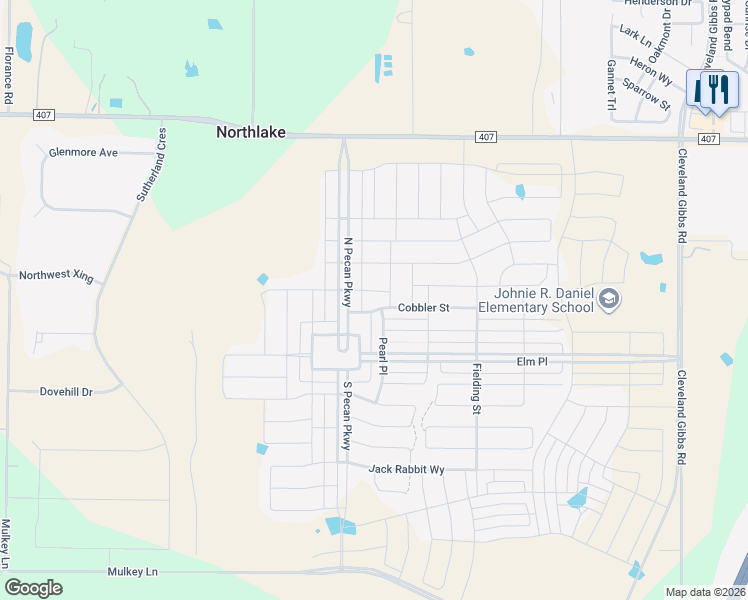 map of restaurants, bars, coffee shops, grocery stores, and more near 2533 Cobbler Street in Northlake
