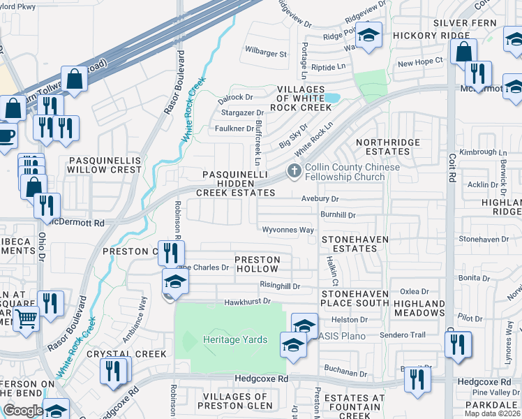 map of restaurants, bars, coffee shops, grocery stores, and more near 4528 Burnhill Drive in Plano