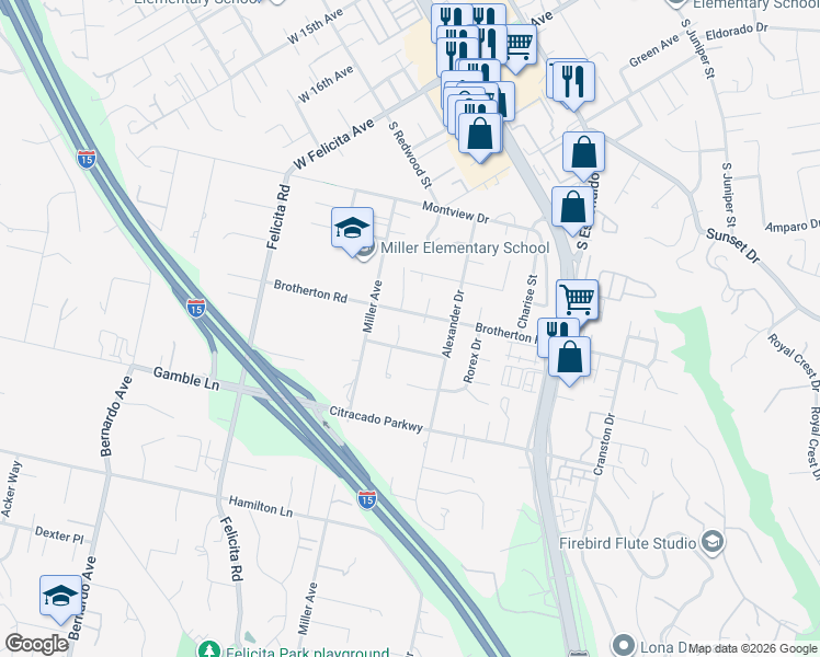 map of restaurants, bars, coffee shops, grocery stores, and more near 2011 Rachelle Place in Escondido