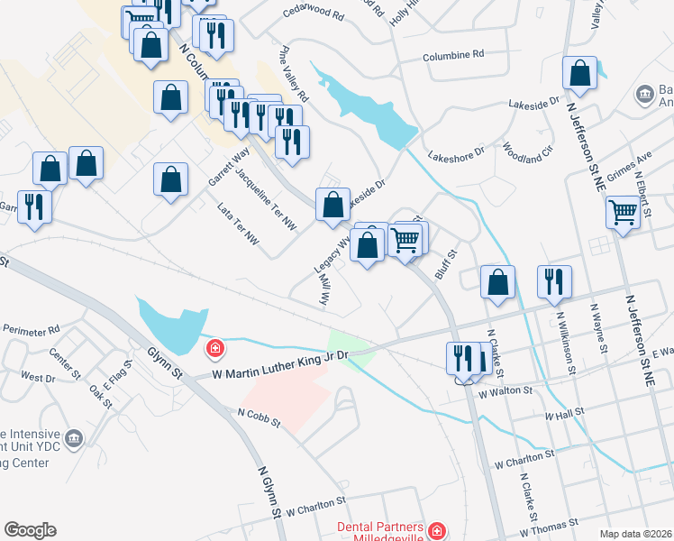 map of restaurants, bars, coffee shops, grocery stores, and more near 1498 N Columbia St in Milledgeville