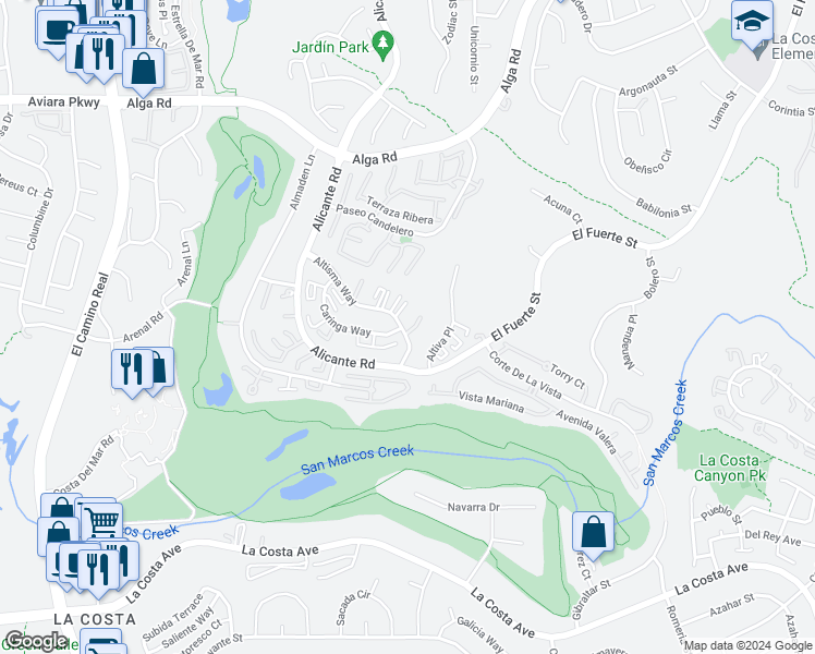 map of restaurants, bars, coffee shops, grocery stores, and more near 2399 Caringa Way in Carlsbad