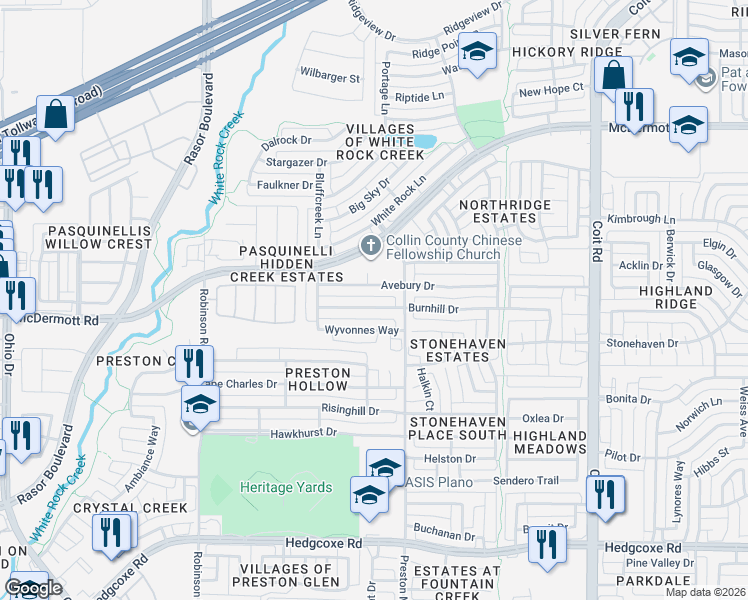 map of restaurants, bars, coffee shops, grocery stores, and more near 4514 Burnhill Drive in Plano