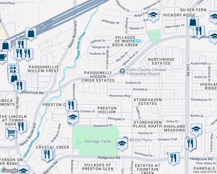 map of restaurants, bars, coffee shops, grocery stores, and more near 4528 Burnhill Drive in Plano