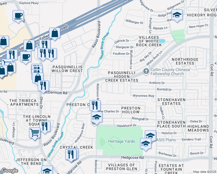 map of restaurants, bars, coffee shops, grocery stores, and more near 8600 Brunswick Drive in Plano