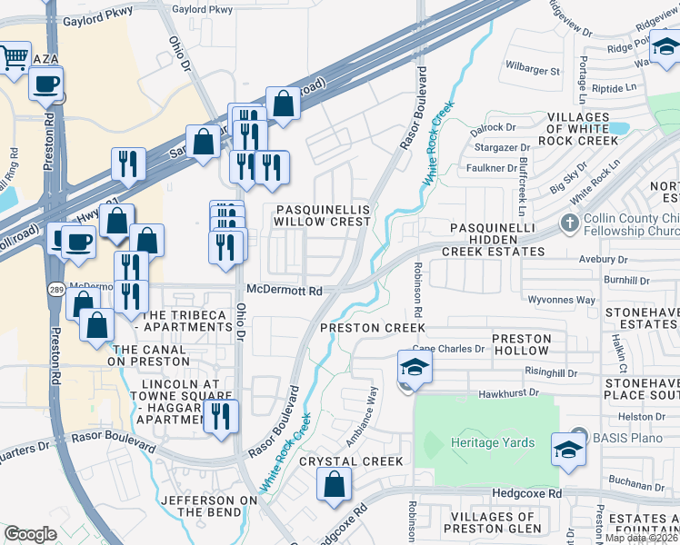 map of restaurants, bars, coffee shops, grocery stores, and more near 8602 Argentine Way in Plano