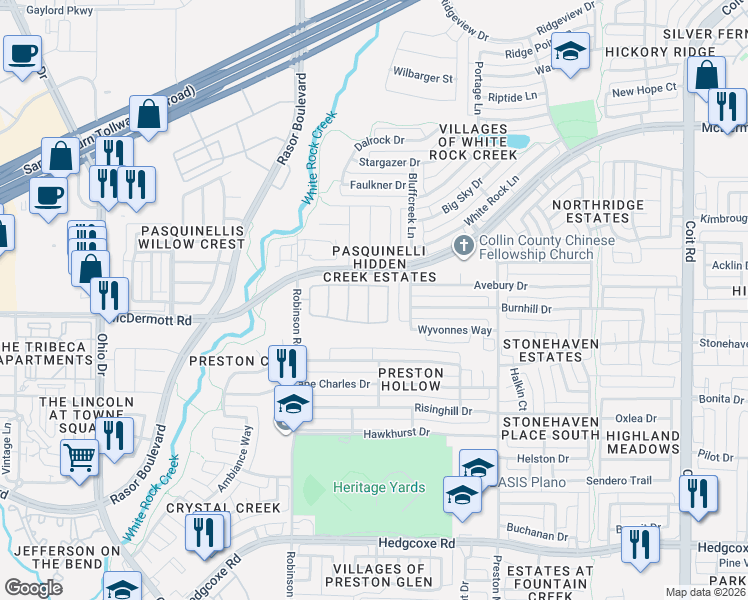 map of restaurants, bars, coffee shops, grocery stores, and more near 8517 Forest Highlands Drive in Plano