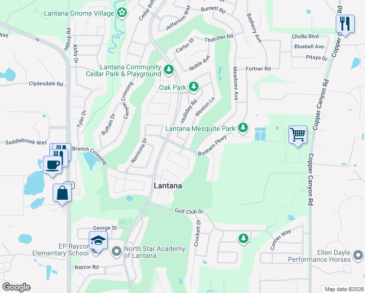 map of restaurants, bars, coffee shops, grocery stores, and more near Bonham Parkway in Lantana