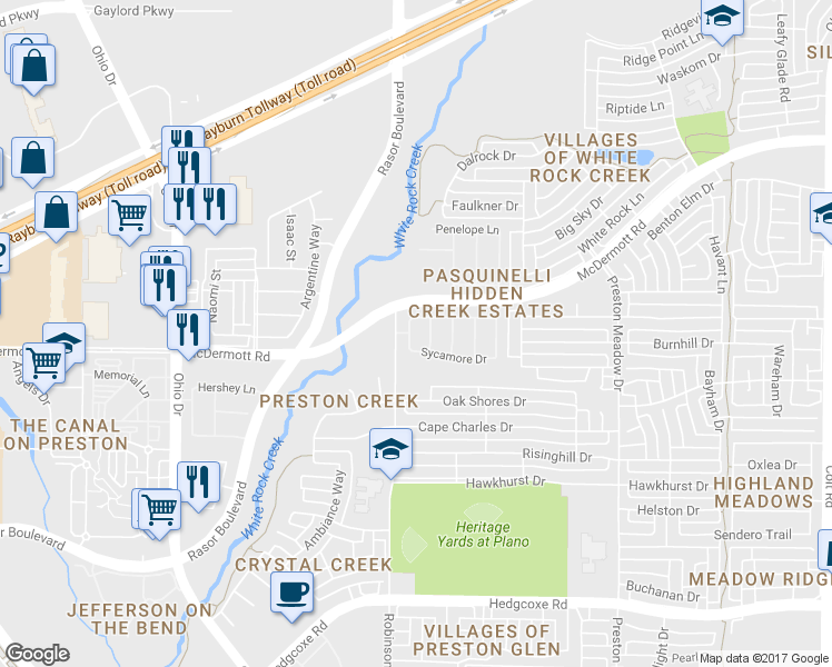 map of restaurants, bars, coffee shops, grocery stores, and more near 8600 Brunswick Drive in Plano