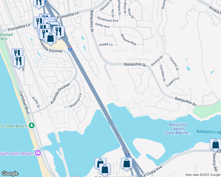 map of restaurants, bars, coffee shops, grocery stores, and more near 889 Piovana Court in Carlsbad